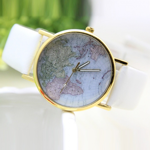 Ladies Leather Watch World Map